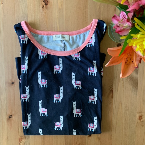 Peach Love California Tops - Navy Tee with Pink Trim and Llama Pattern